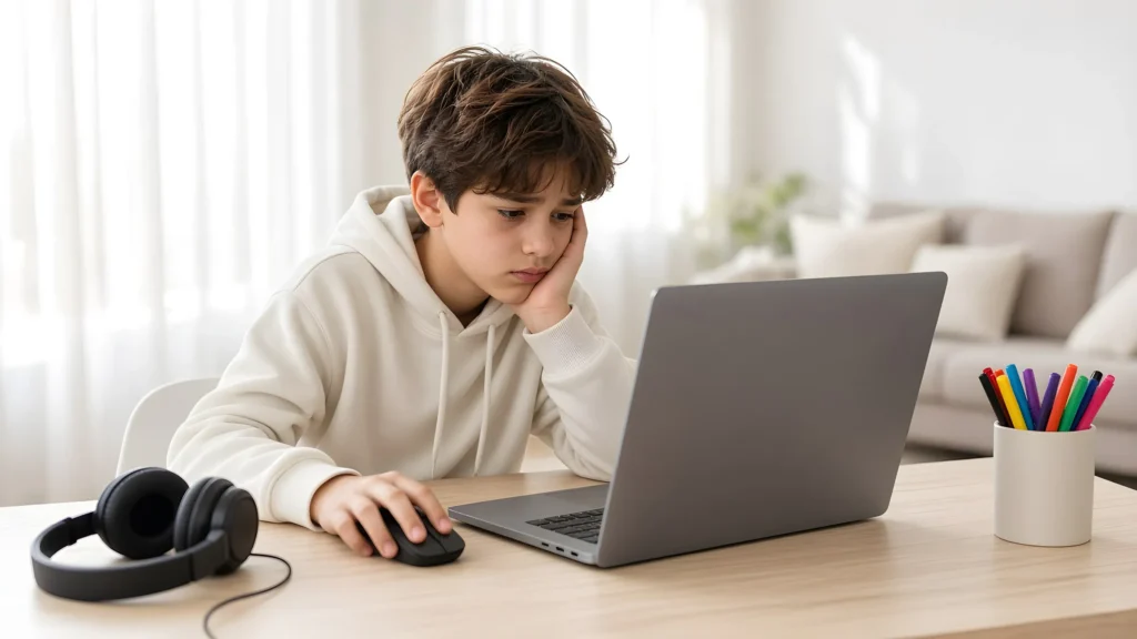 Frustrated boy sitting at a laptop