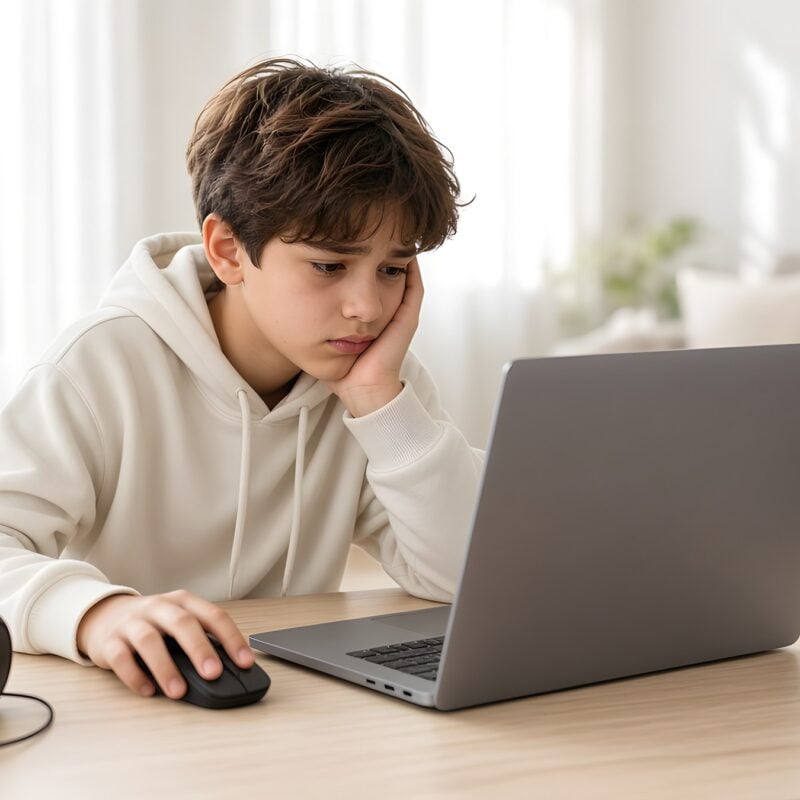 Frustrated boy sitting at a laptop